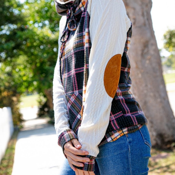 Multicolor Plaid Cable Knit Elbow Pad Hoodie - Picture 6 of 8